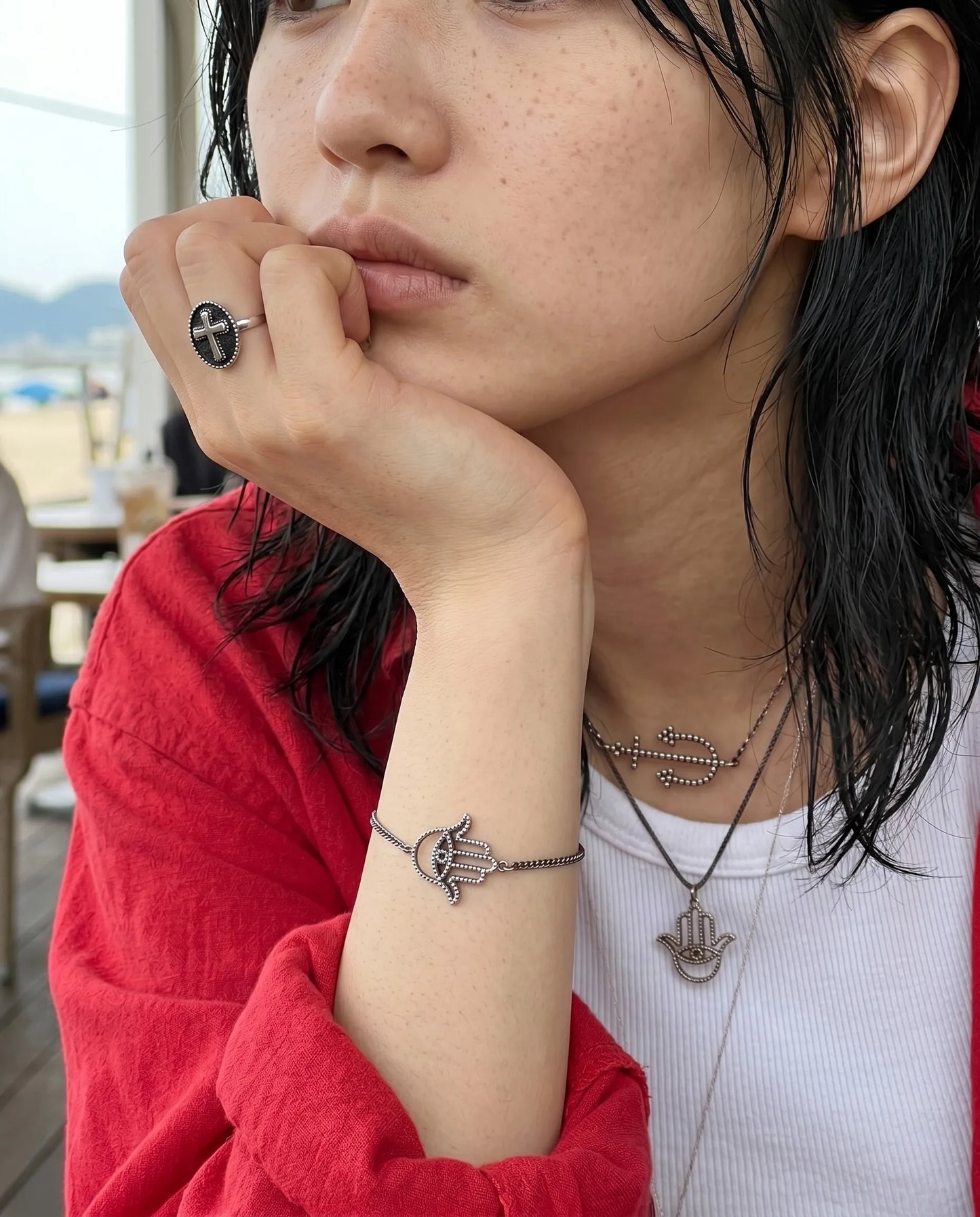 925 Sterling Silver Hamsa Hand Chain Bracelet — Handmade in Korea