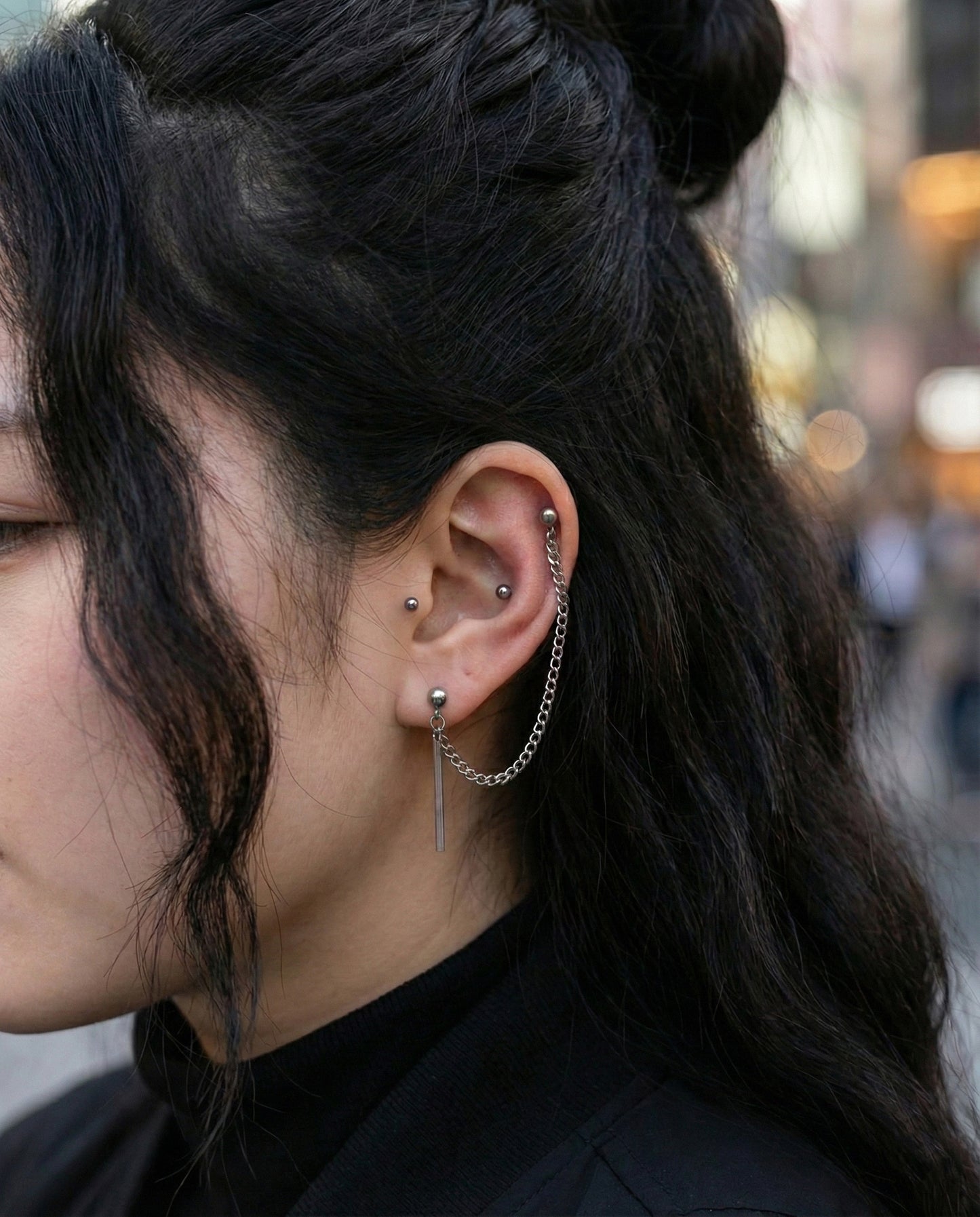 Surgical Steel Double Barbell Chain Connected Earring with Stick Drop