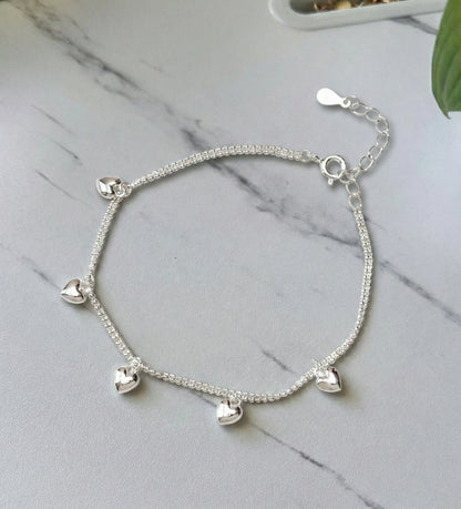 925 Sterling Silver Heart Charm Bracelet - Double Chain Puffed Hearts