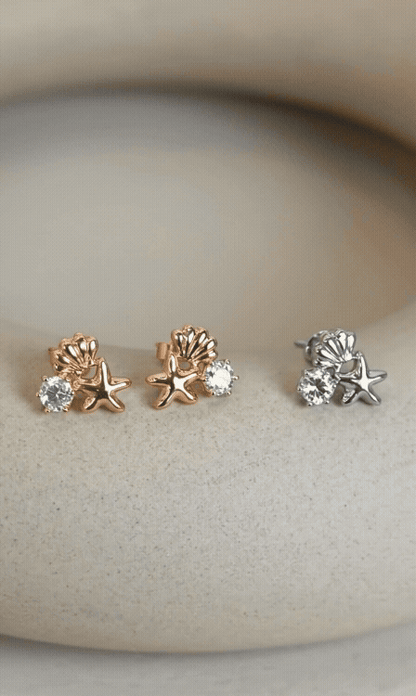 Mermaidcore Shell & Starfish Cubic Zirconia Stud Earrings | Hypoallergenic Titanium Post | Gold & Silver