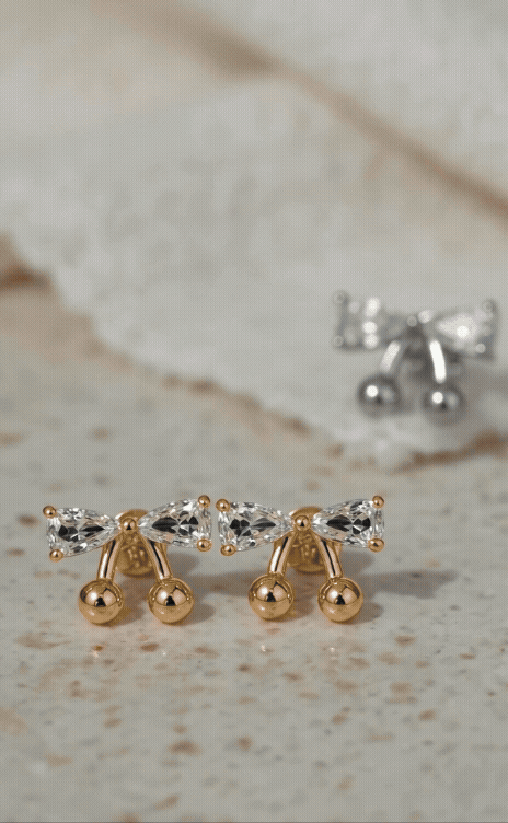 CZ Bow Cherry Stud Earrings – Sparkling Cubic Zirconia Ribbon with Ball Drop, Hypoallergenic, Gold & Silver