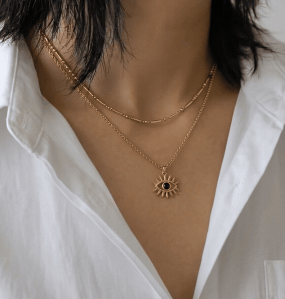 Evil Eye Layered Necklace – Double Chain Sunburst Pendant in Gold & Silver | 8TTITTO8