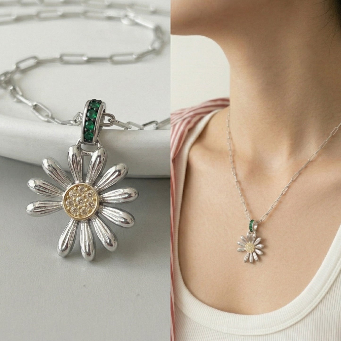 925 Sterling Silver Daisy Pendant Necklace – Green CZ Bail & Yellow Pavé Center
