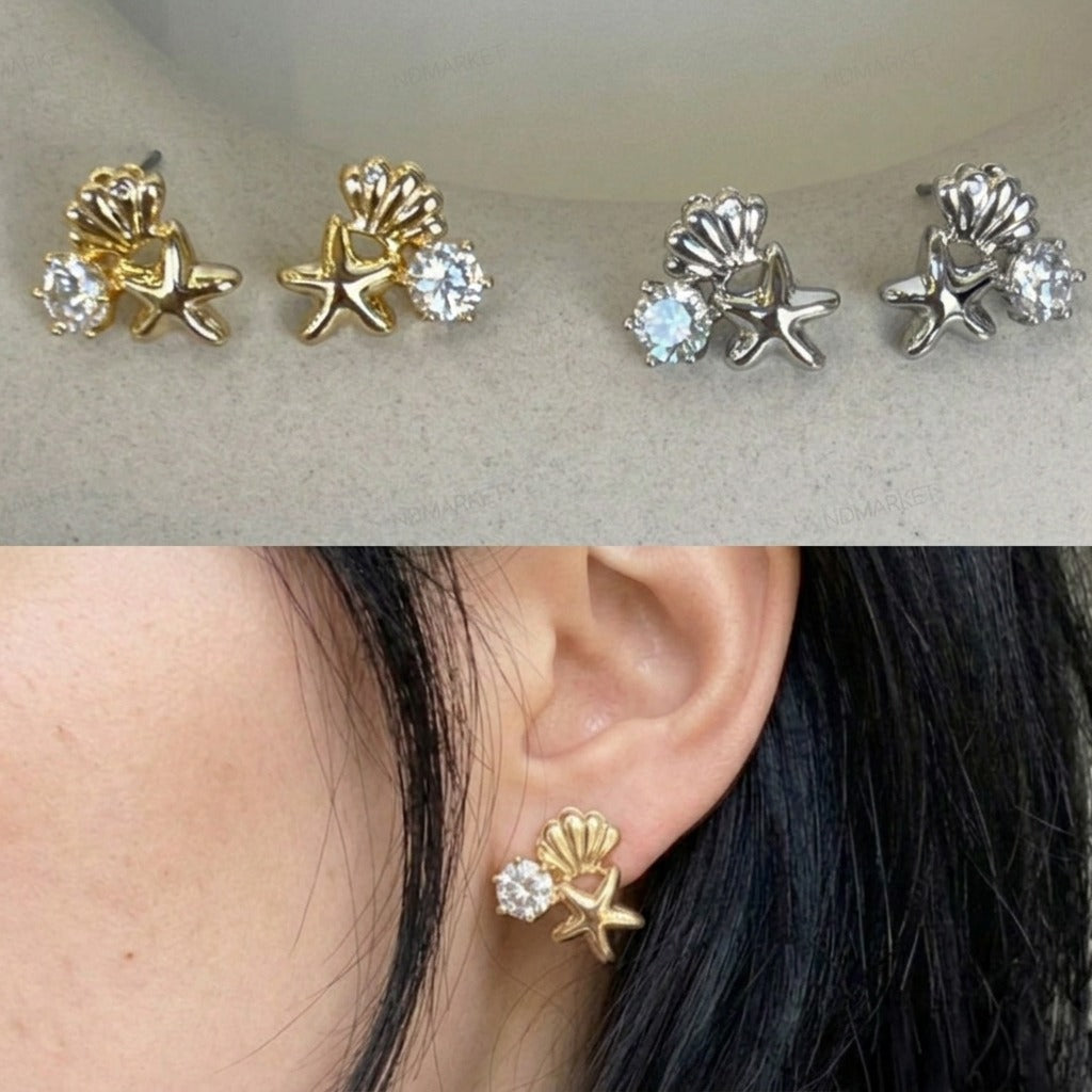 Mermaidcore Shell & Starfish Cubic Zirconia Stud Earrings | Hypoallergenic Titanium Post | Gold & Silver