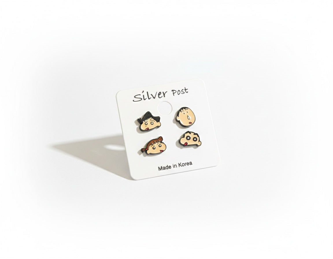 Set B Crayon Shin-chan earrings featuring Bo-chan, Shin-chan, Swimsuit Shin-chan, Buriburizaemon characters