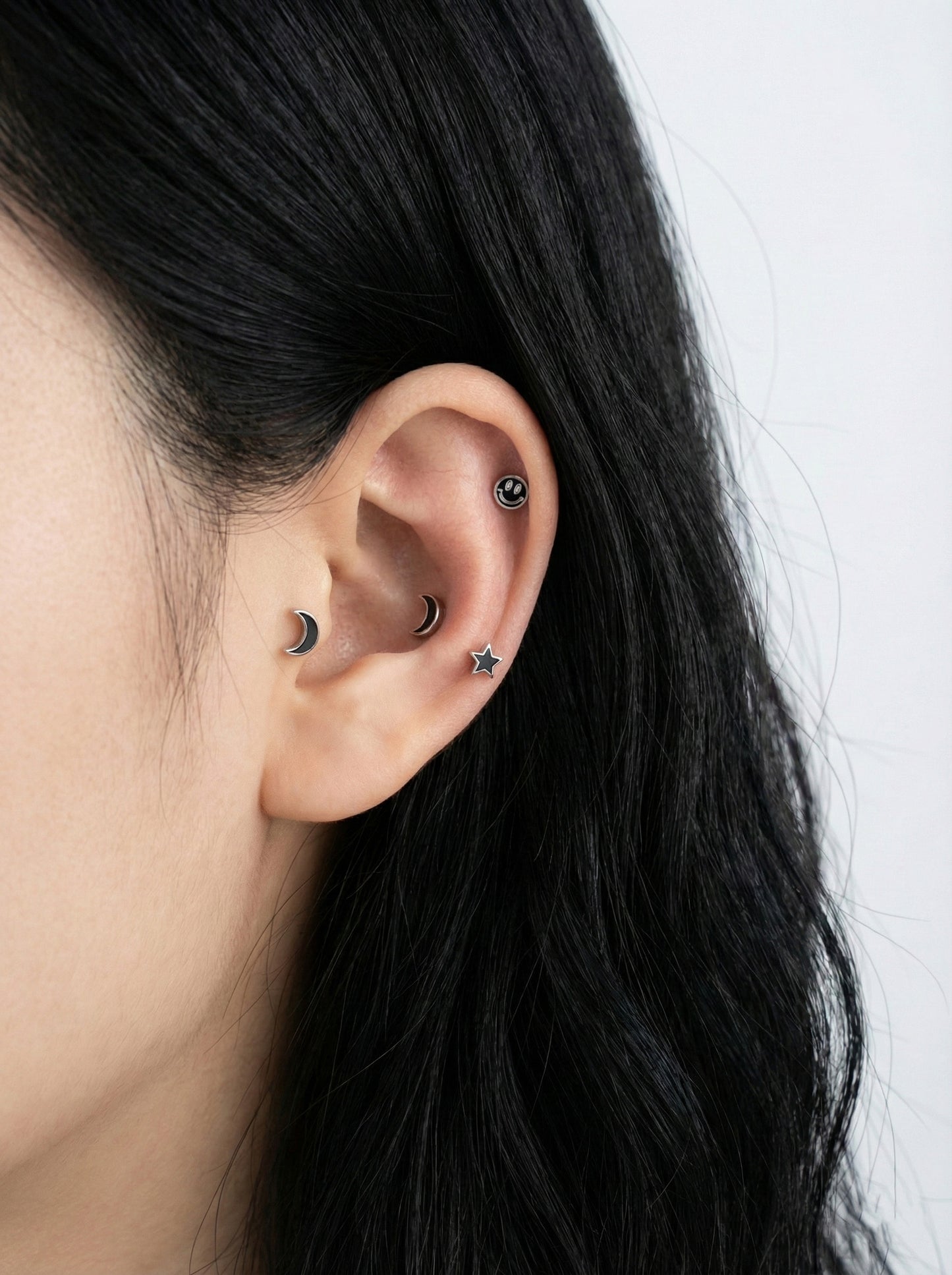 Surgical Steel Moon Star Smiley Cartilage Piercing Studs - Silver & Black
