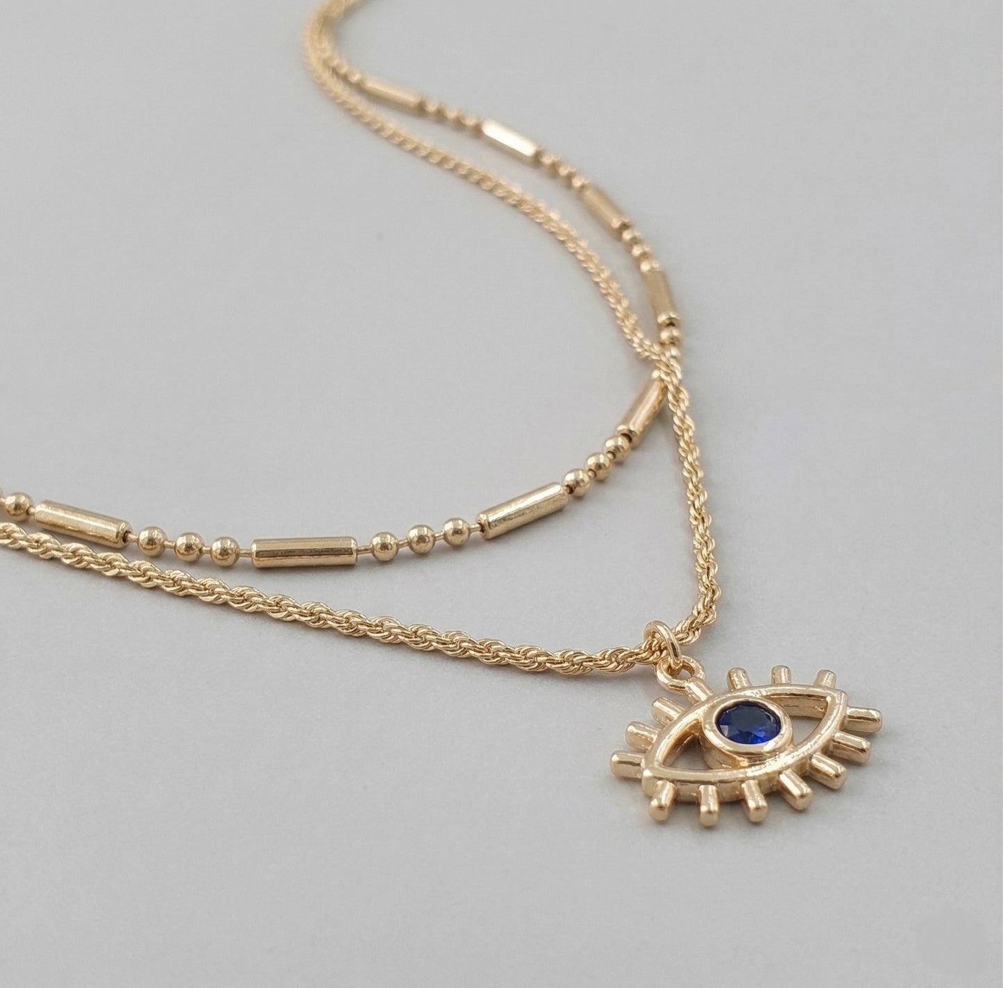 Evil Eye Layered Necklace – Double Chain Sunburst Pendant in Gold & Silver | 8TTITTO8