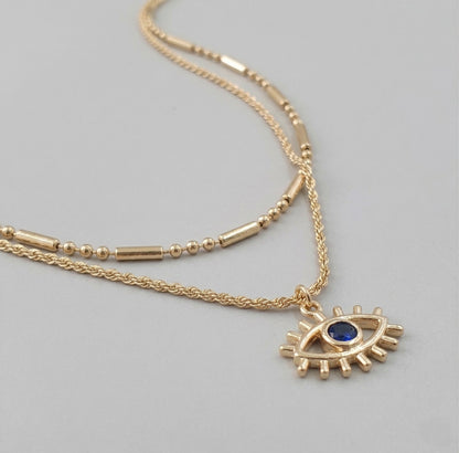 Evil Eye Layered Necklace – Double Chain Sunburst Pendant in Gold & Silver | 8TTITTO8