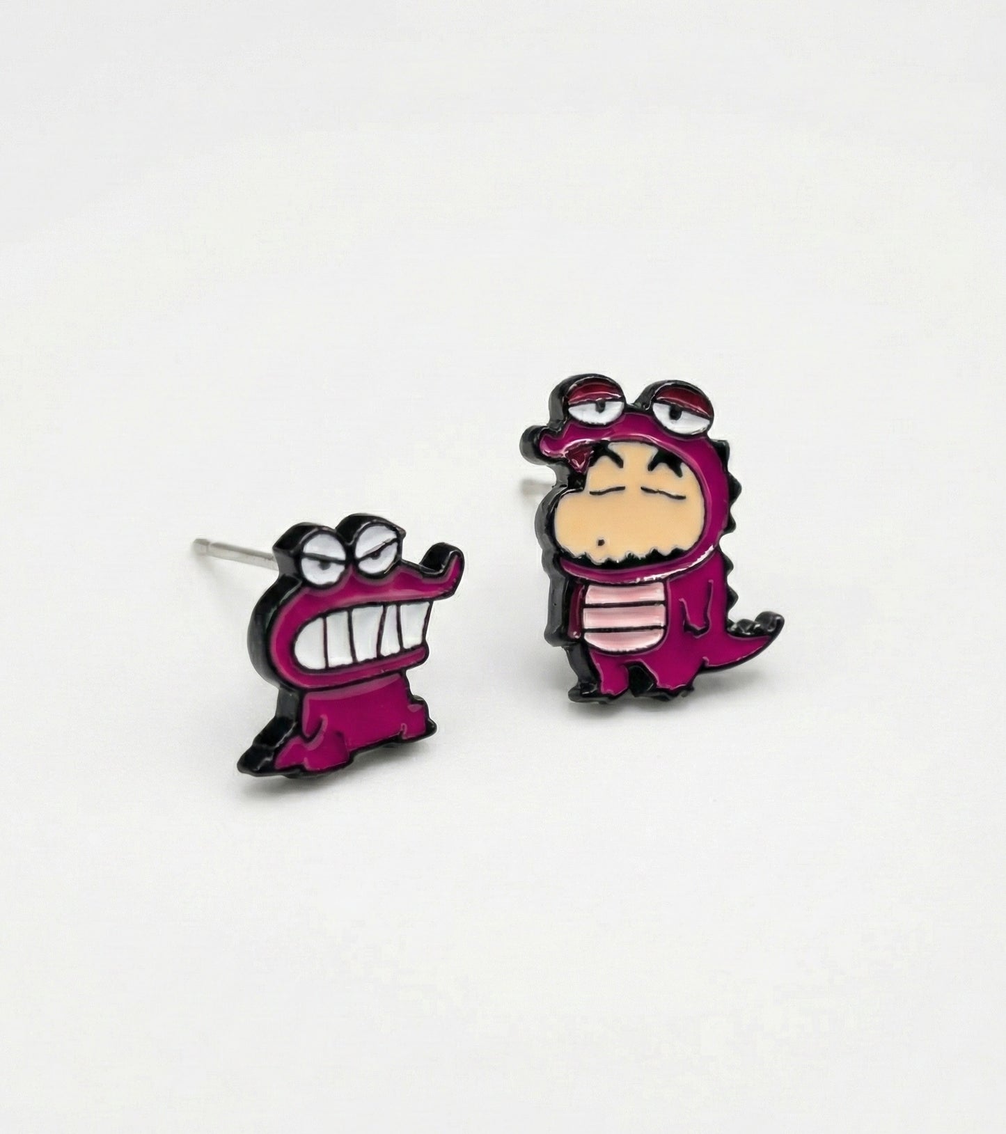  Pink Chocobi dinosaur Waniyama and Shin-chan mismatched stud earrings with detailed enamel finish