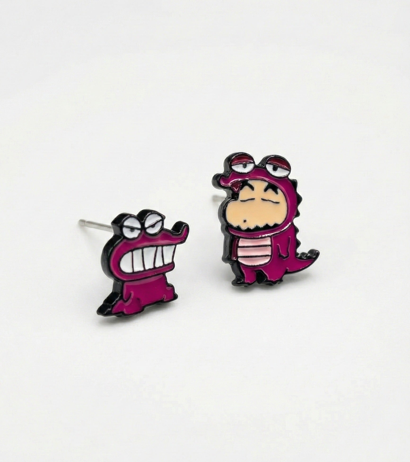  Pink Chocobi dinosaur Waniyama and Shin-chan mismatched stud earrings with detailed enamel finish
