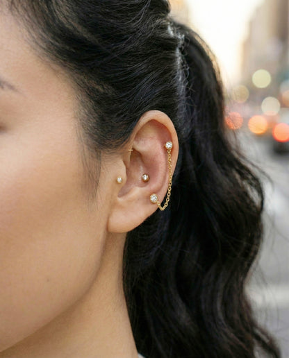 CZ Bezel Chain Barbell Piercing - Double Stud Connector Earring in Gold, Silver & Rose Gold