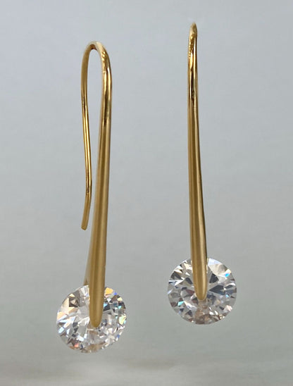 Gold plated brass U-hook drop earrings with 10mm brilliant-cut cubic zirconia showing elegant curve