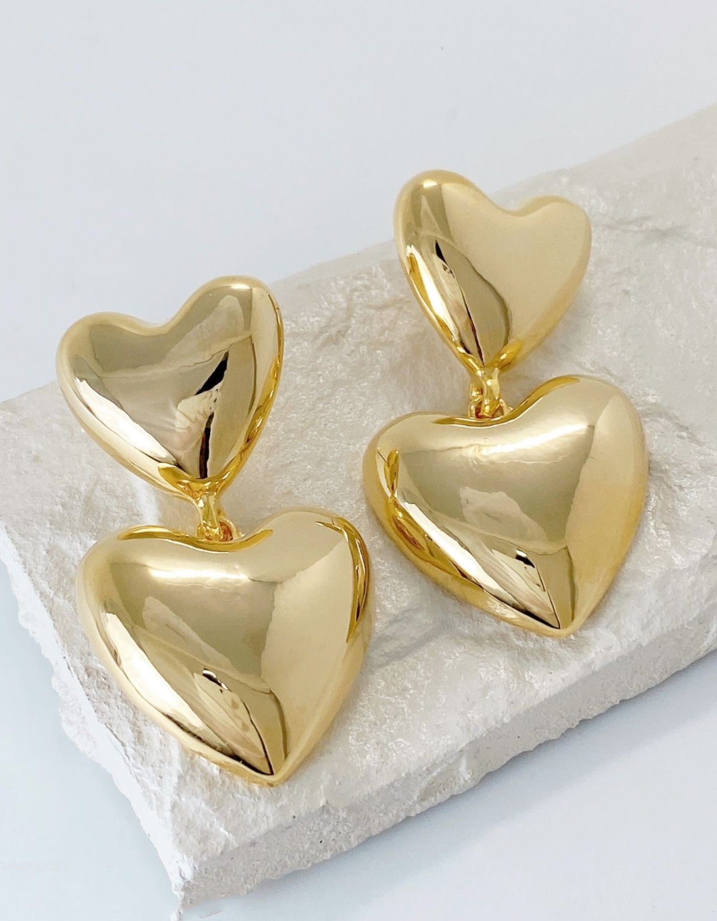 Chunky Puffed Double Heart Drop Earrings - Gold & Silver