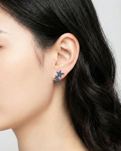 Midnight Galaxy Asymmetrical Star Drop Earrings - Pave Set Blue