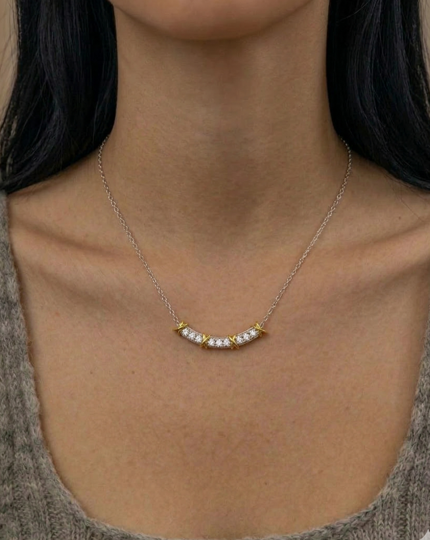 925 Sterling Silver Two-Tone Curved Bar Necklace with Gold X Cross