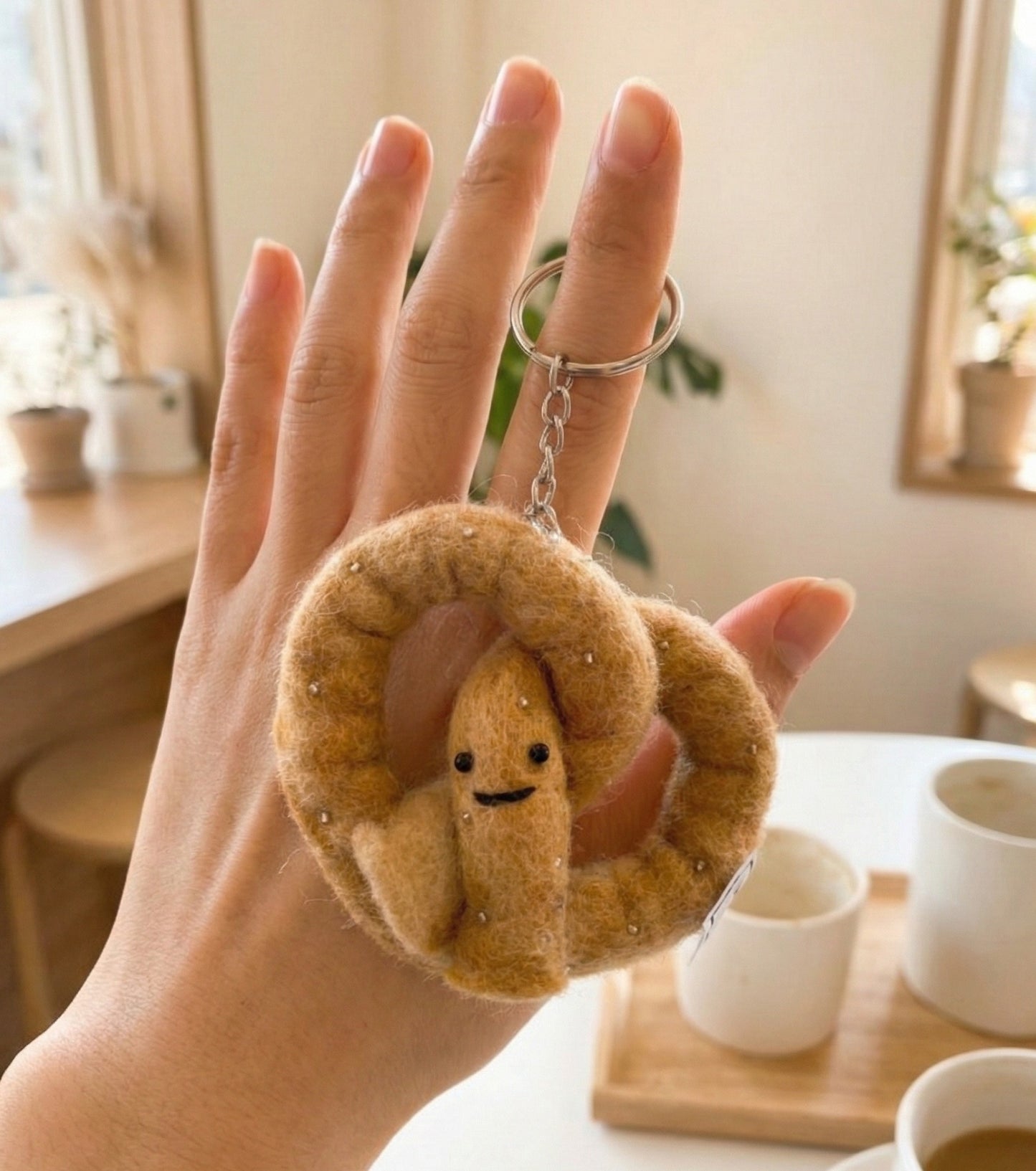 Hand holding handmade wool felt pretzel keychain showing soft texture and smiley face detail