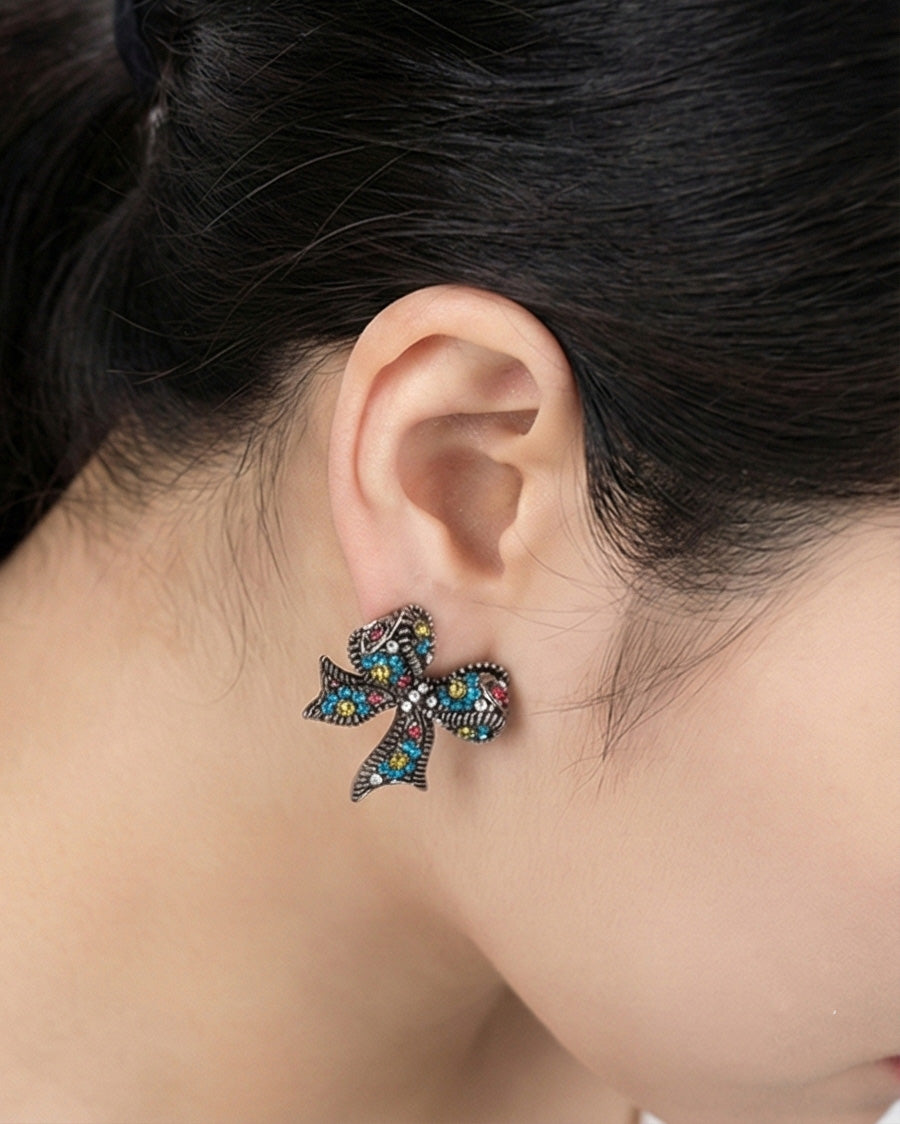 Vintage Kitsch Bow Earrings - Chunky Retro Ribbon Statement Studs with Sparkling Crystals
