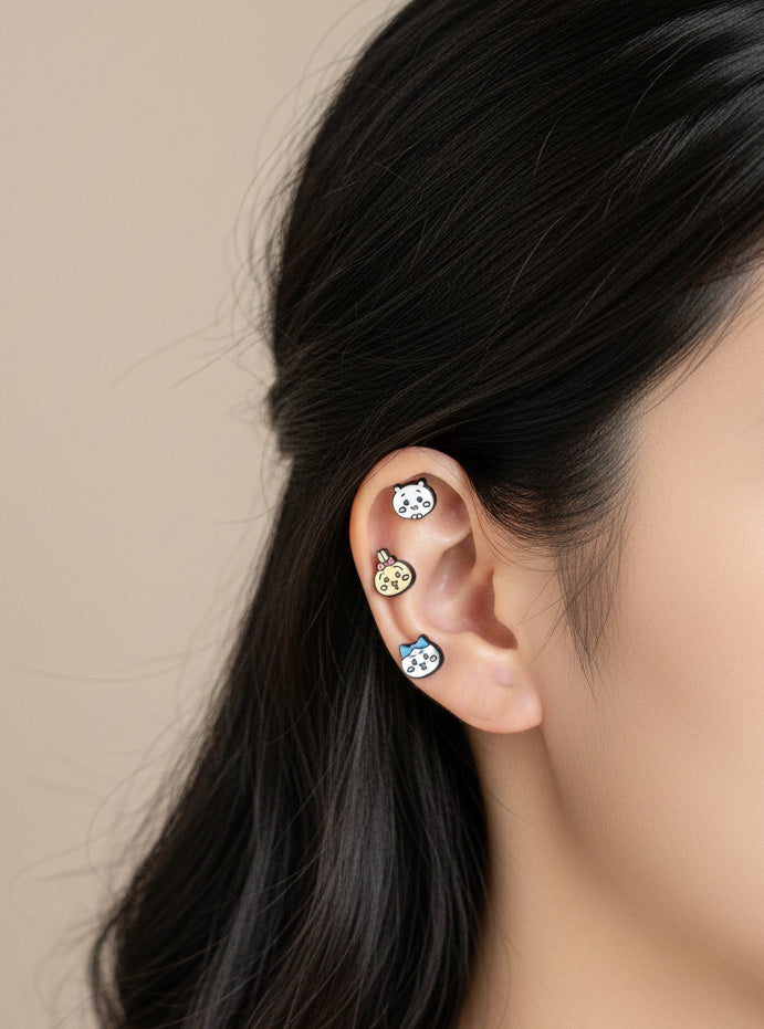 Chiikawa Enamel Brass Barbell Studs - Hachiware Usagi Cute Anime Character Earrings for Helix, Cartilage & Lobe Piercings