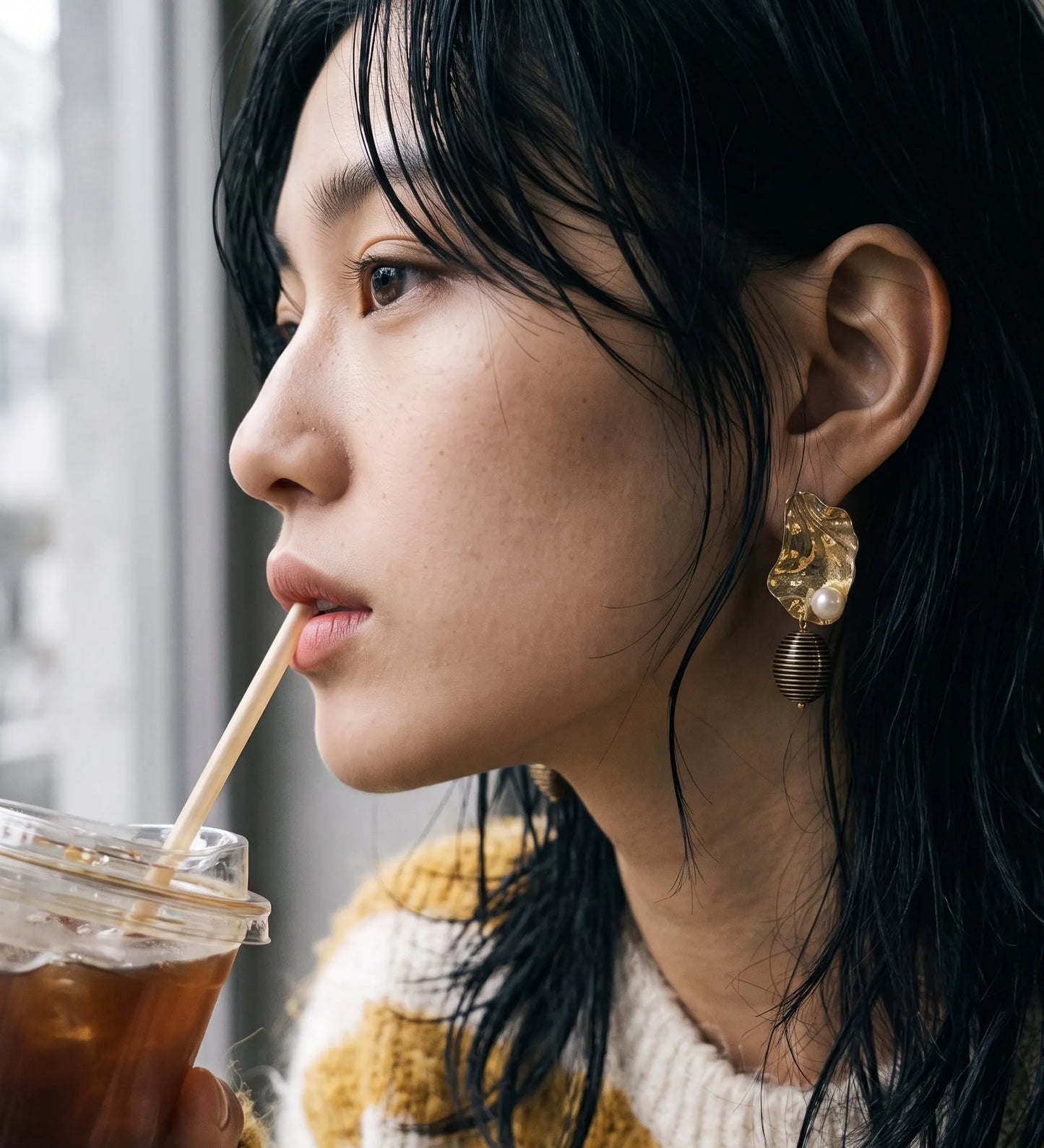 Gold Hammered Pearl Drop Earrings | K-Style Statement | Titanium Post