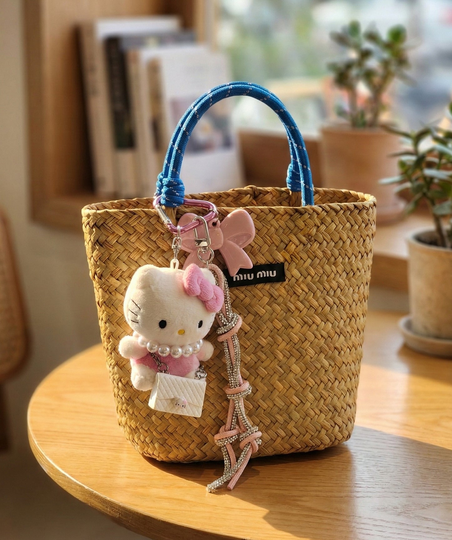 Hello Kitty coquette bag charm hanging on a straw rattan tote bag on a wooden table — Sanrio kawaii accessory