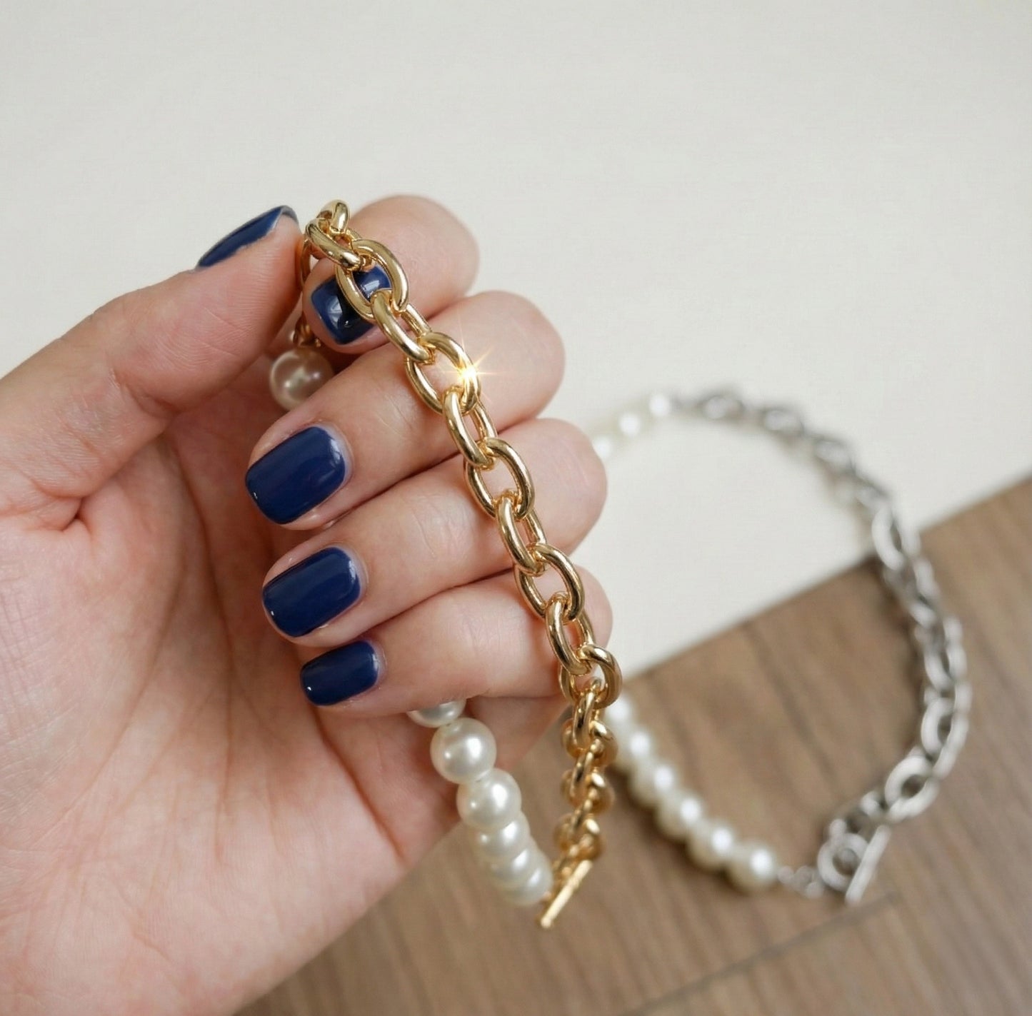 Half Pearl Half Chain Toggle Choker - Mixed Media Statement Necklace