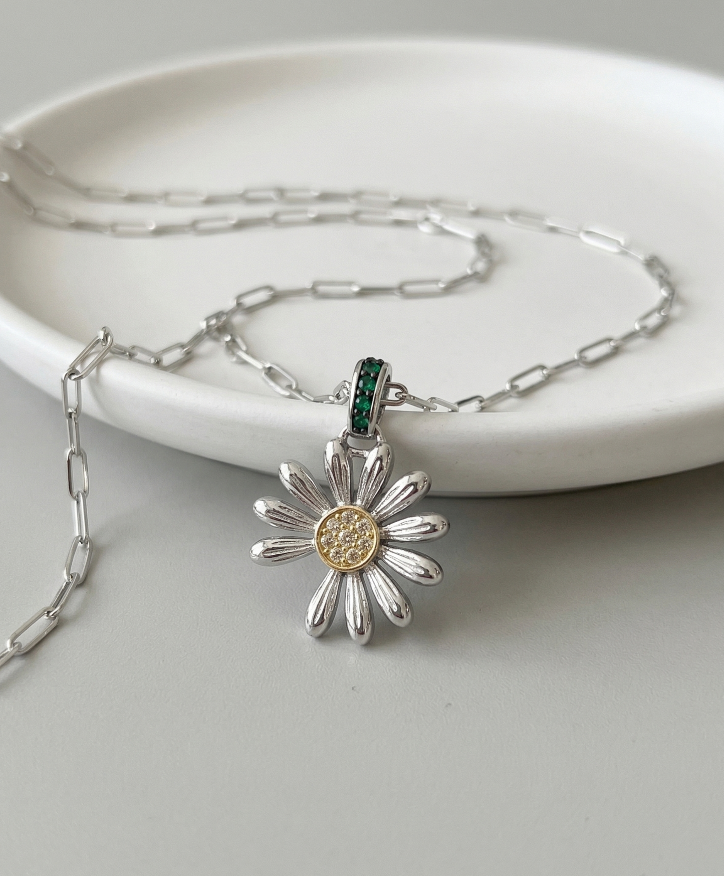 925 Sterling Silver Daisy Pendant Necklace – Green CZ Bail & Yellow Pavé Center