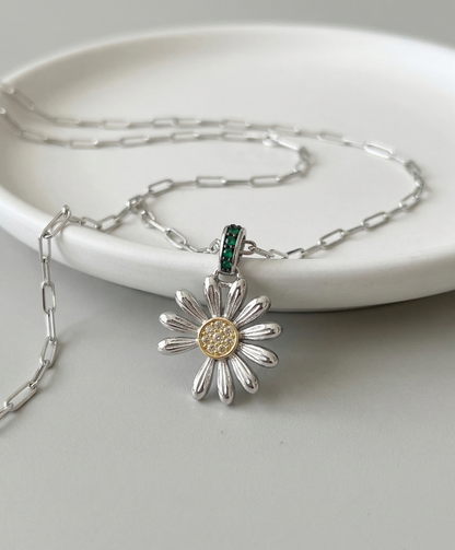 925 Sterling Silver Daisy Pendant Necklace – Green CZ Bail & Yellow Pavé Center