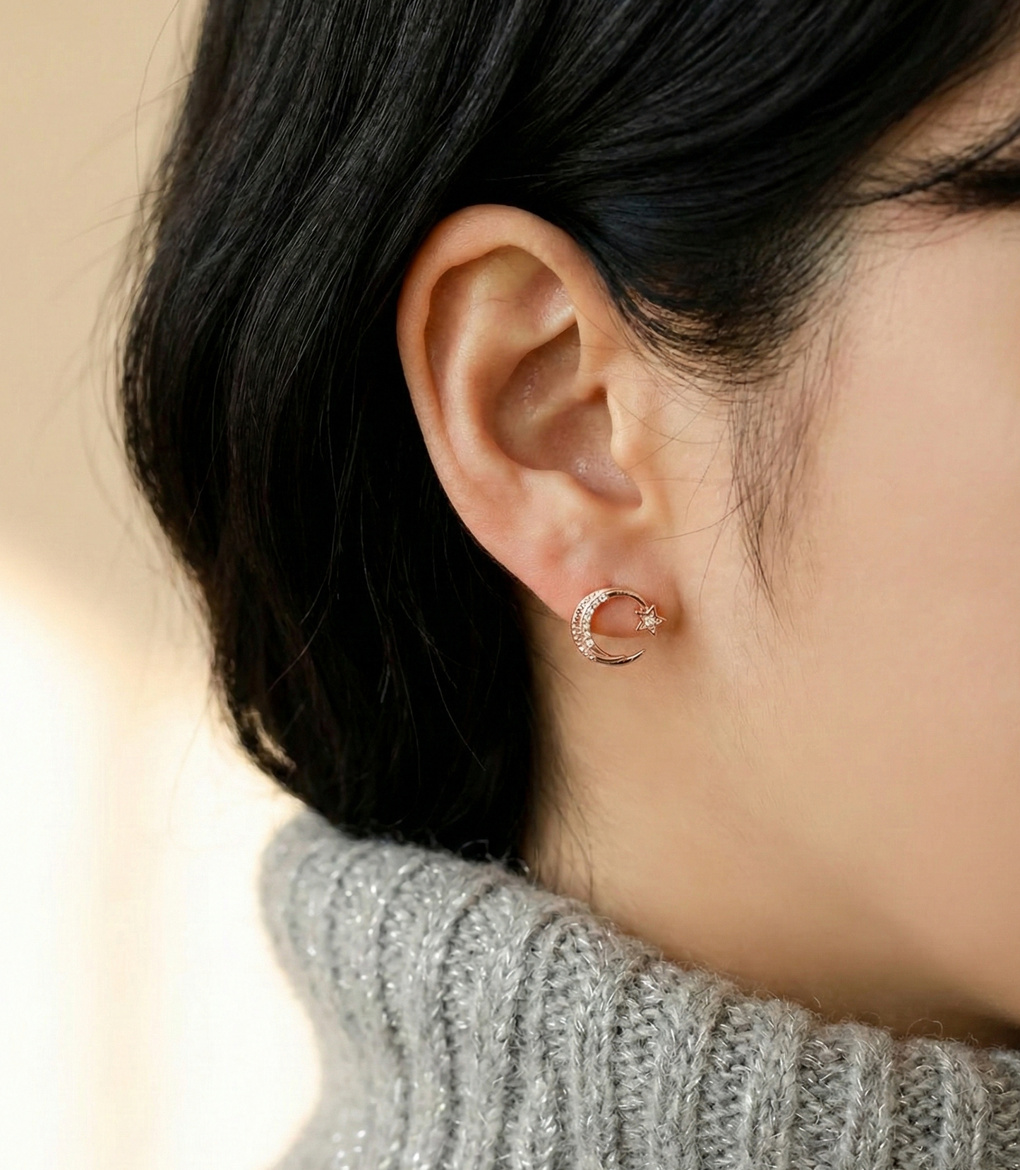 Celestial Crescent Moon & Star Pavé Stud Earrings | Silver, Gold & Rose Gold