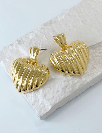 Chunky Ribbed Heart Earrings - Vintage Gold & Silver Statement Studs