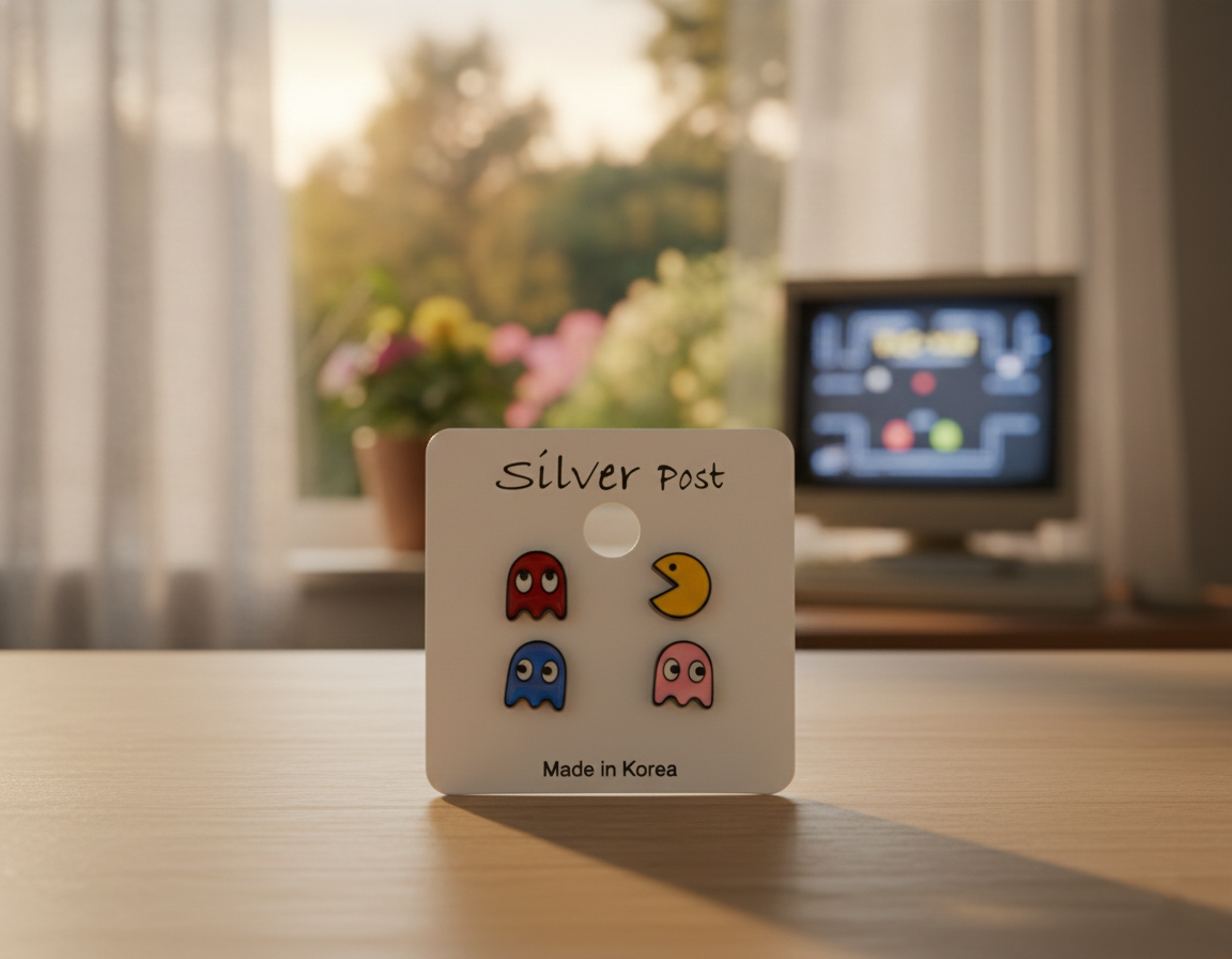 Pac-Man and Ghost enamel earring set on display card standing on wooden desk with vintage CRT monitor showing Pac-Man game in background