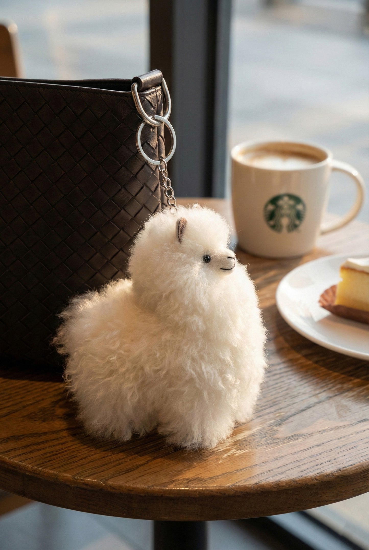  Light beige alpaca keychain close-up on white mini bag showing soft natural fur texture and happy expression