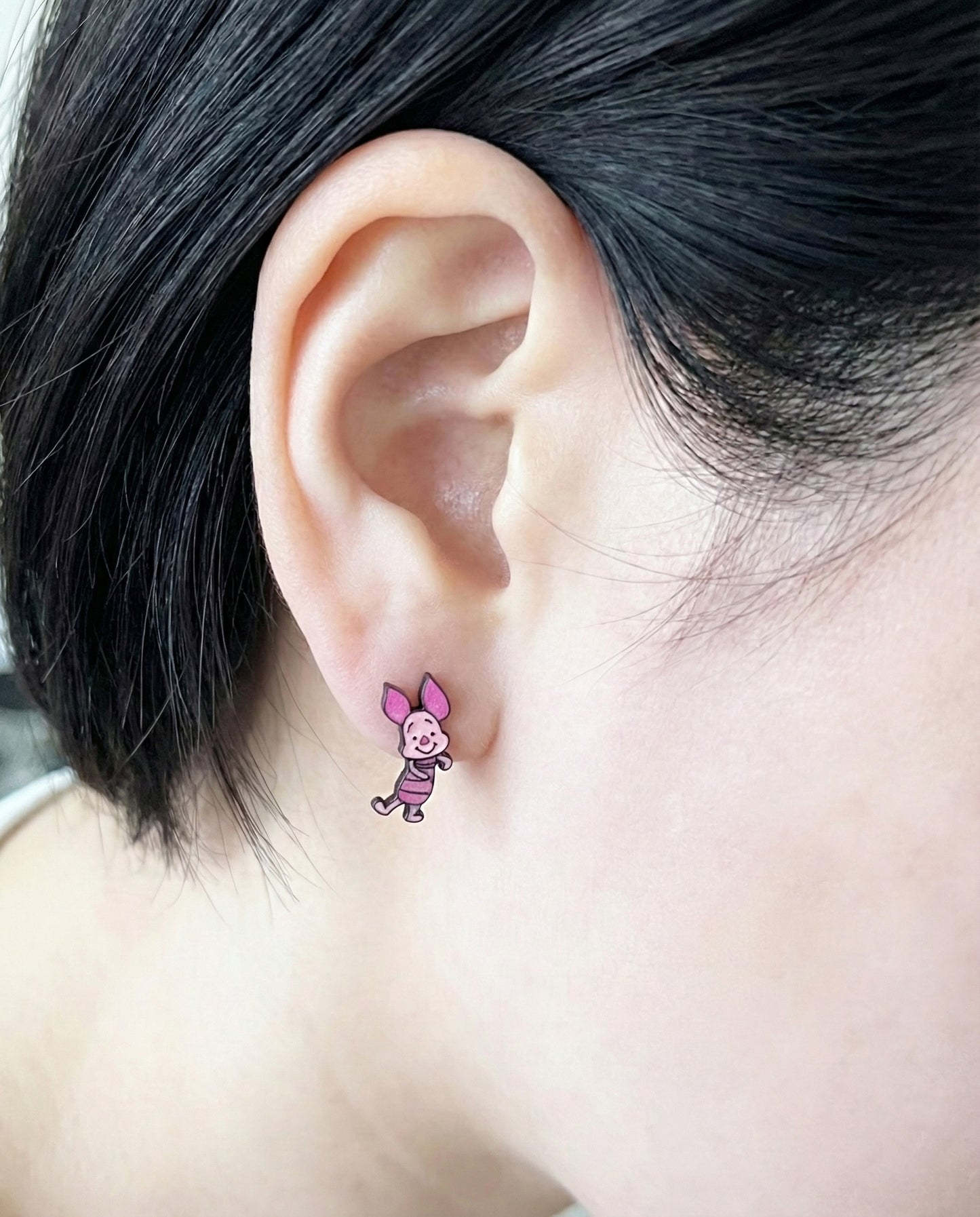 Pooh & Piglet Inspired 2-Way Drop Stud Earrings Handmade in Korea, 925 Silver Post