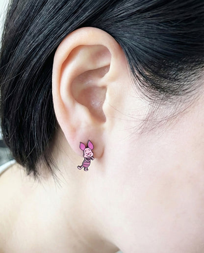 Pooh & Piglet Inspired 2-Way Drop Stud Earrings Handmade in Korea, 925 Silver Post