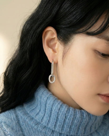Brass Pavé CZ Oval Link Drop Huggie Hoop Earrings - Gold & Silver