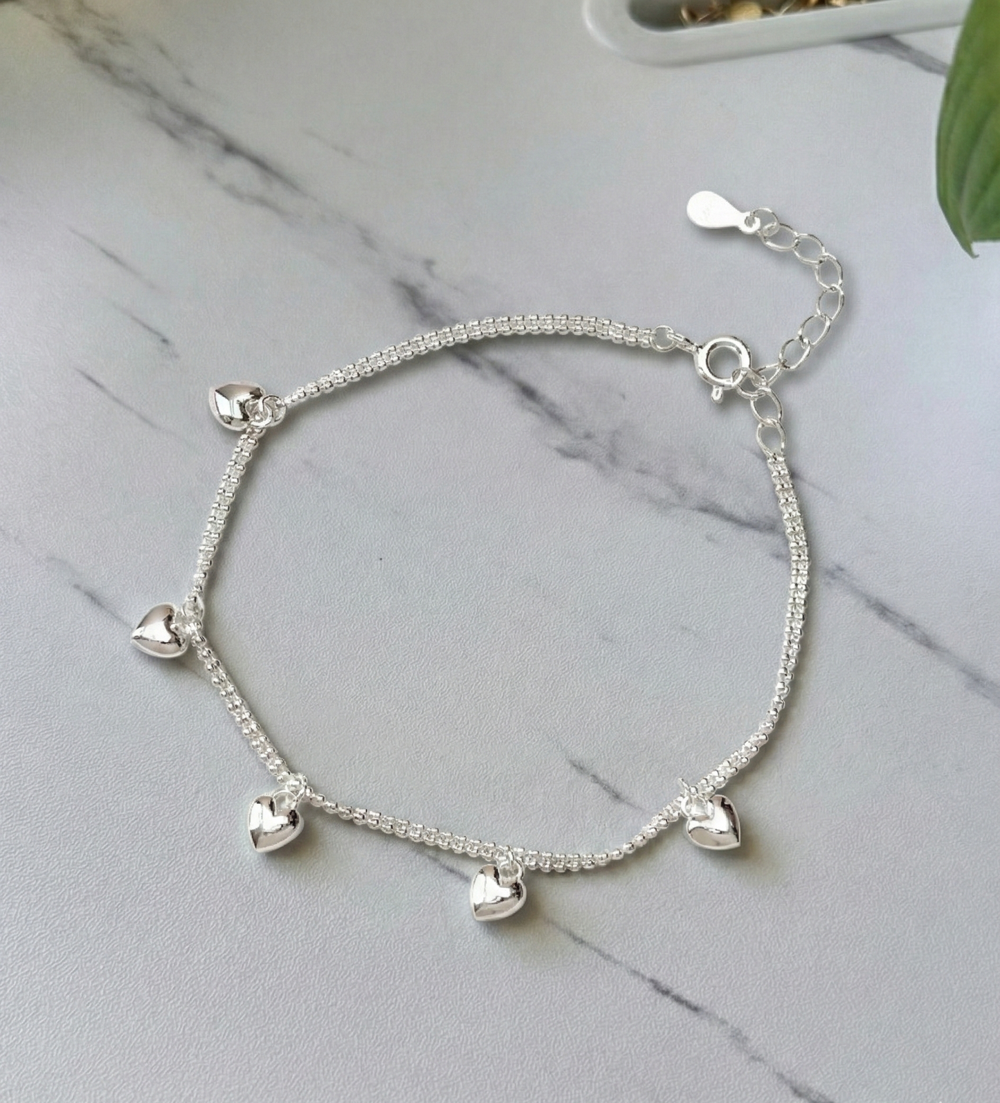 925 Sterling Silver Heart Charm Bracelet - Double Chain Puffed Hearts