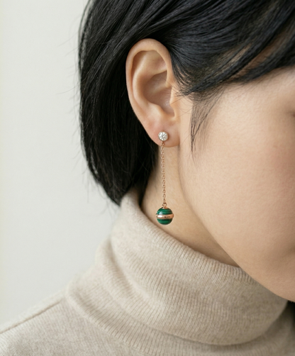 Natural Malachite Drop Earrings — Rose Gold Chain & CZ Stud