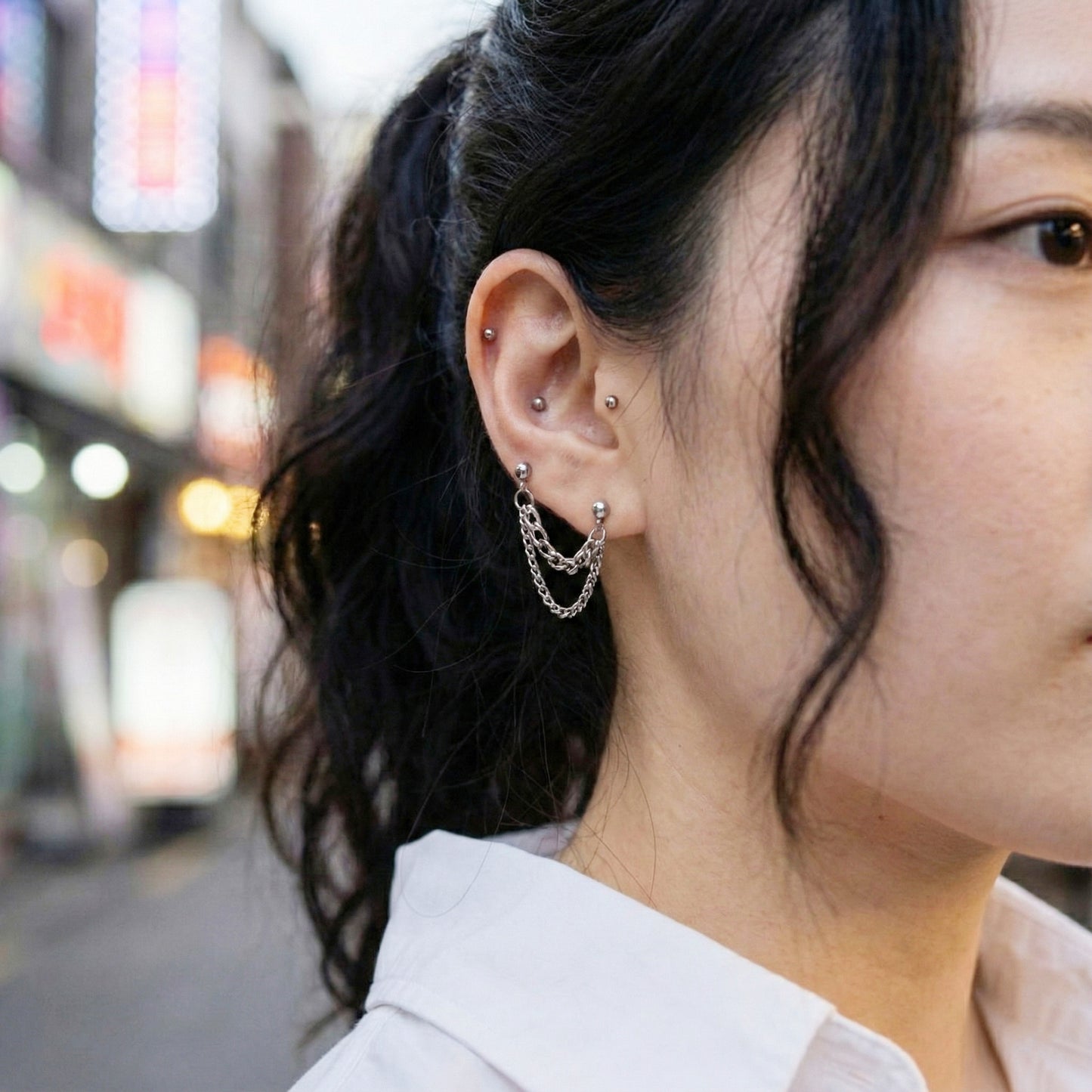 Double Chain Lobe Piercing - Surgical Steel Connected Earring