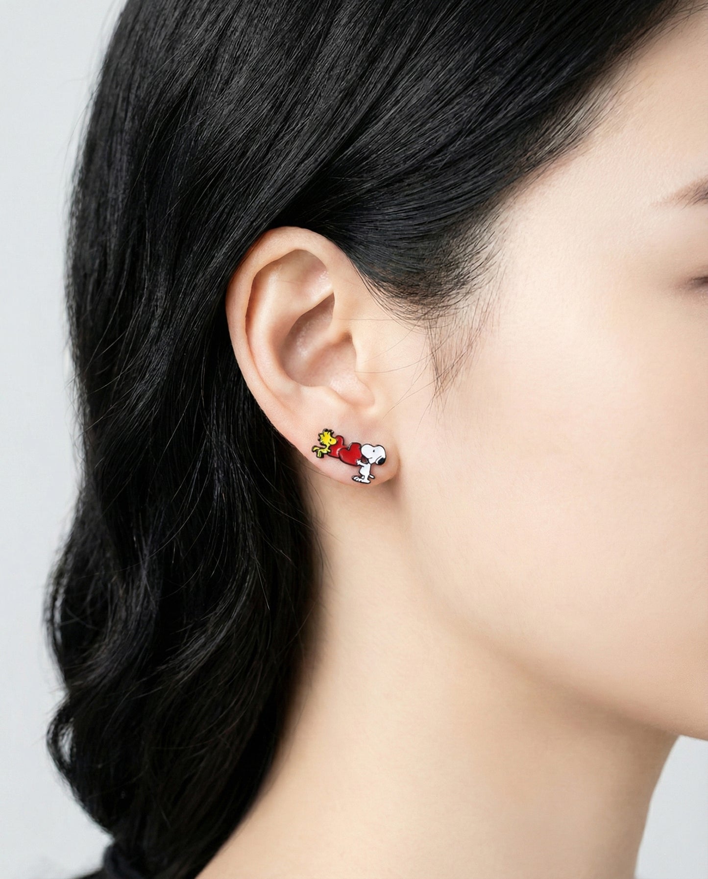 Snoopy & Woodstock Heart Asymmetric Earrings - Made in Korea