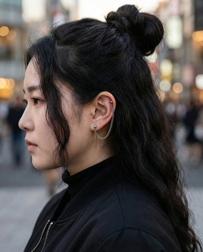Surgical Steel Double Barbell Chain Connected Earring with Stick Drop