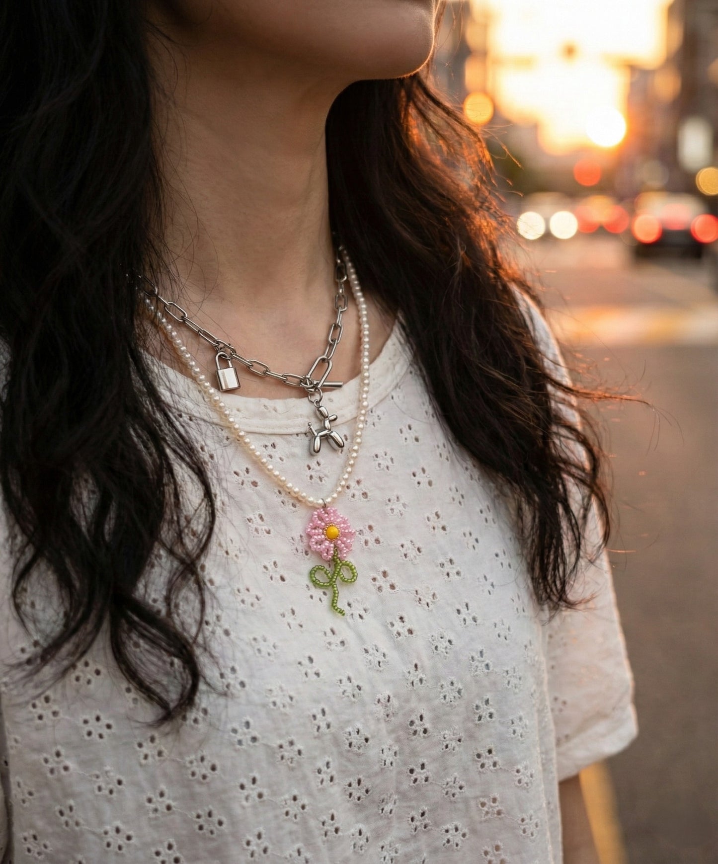 Surgical Steel Balloon Dog Padlock Mixed Chain Toggle Necklace