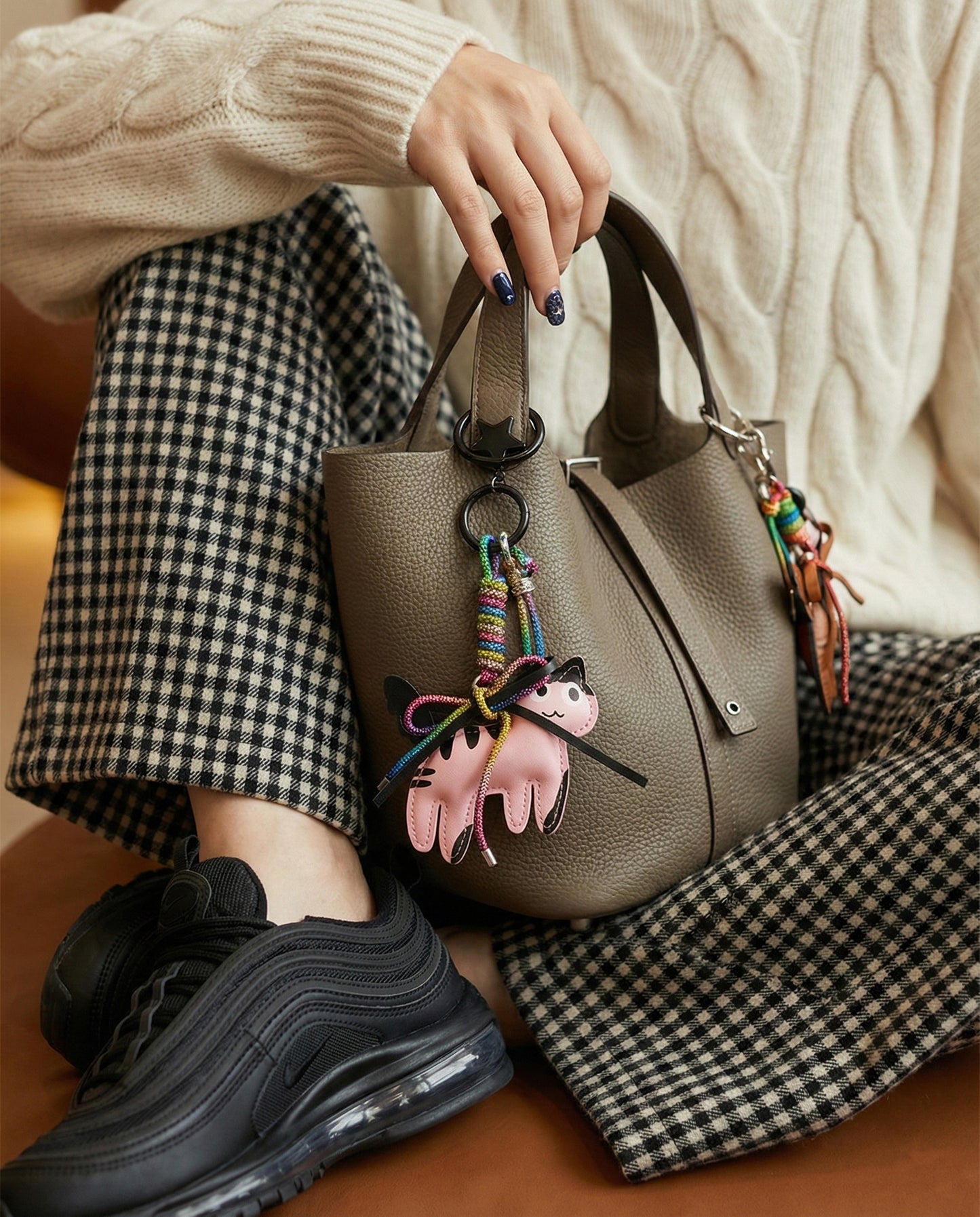 Pink leather cat bag charm with colorful bead rope on taupe leather tote bag