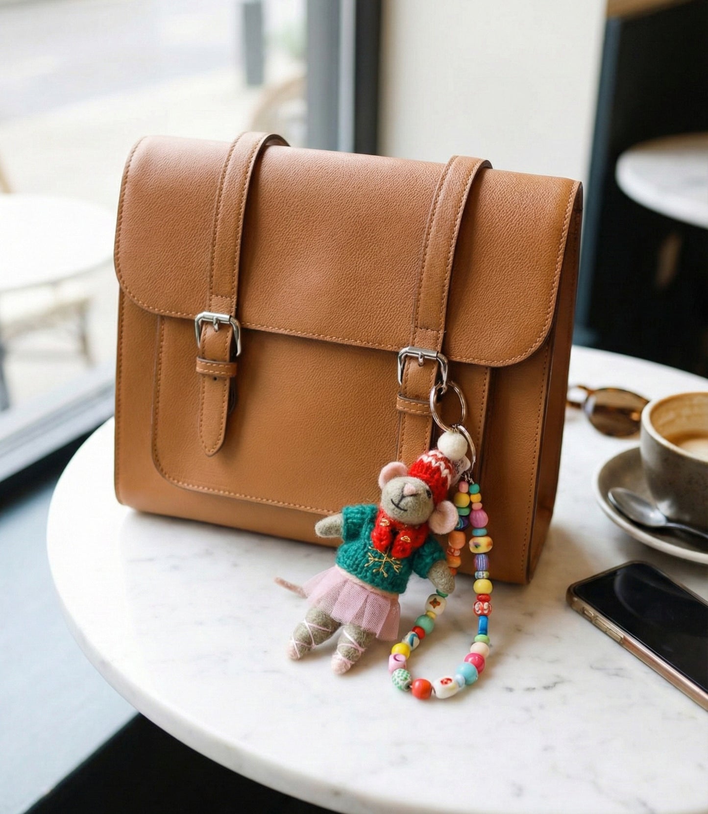 Brown leather satchel bag with holiday green ballerina mouse keychain and colorful bead strap on cafe table