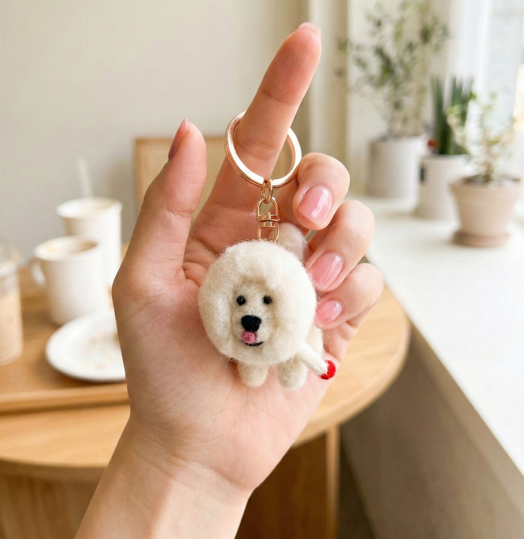 Hand holding small wool felt Bichon Frise keychain showing size