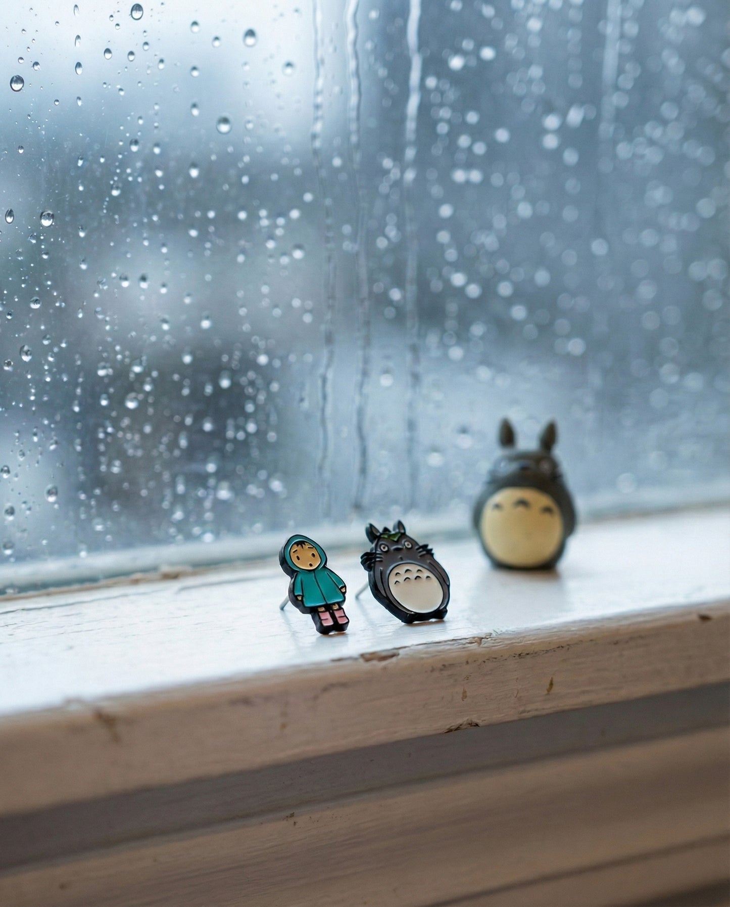 Nostalgic rainy day scene with Totoro and Mei earrings on windowsill with raindrops