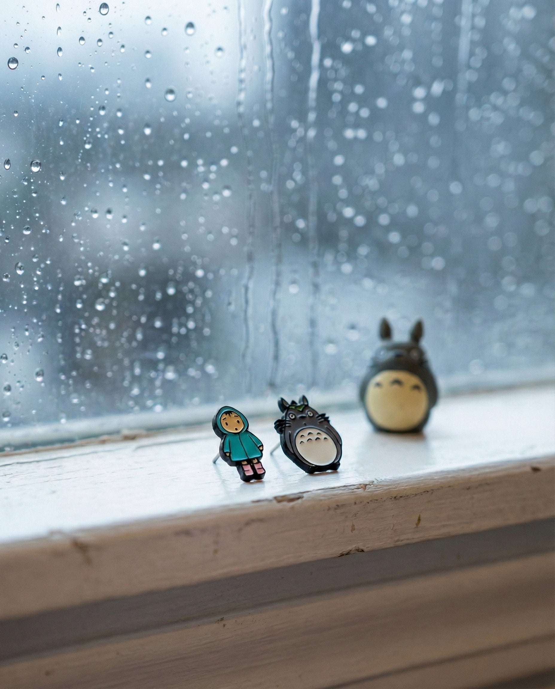 Nostalgic rainy day scene with Totoro and Mei earrings on windowsill with raindrops
