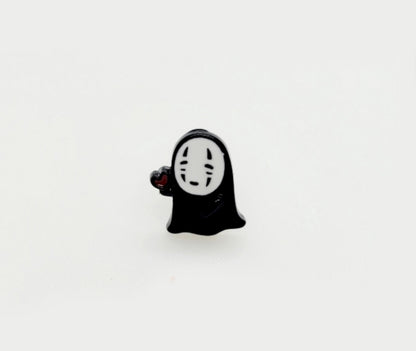 No-Face offering red heart stud earring, kawaii anime jewelry design.