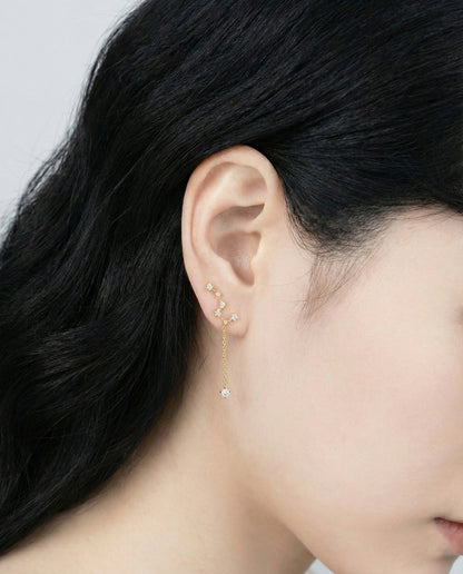 Close-up profile of woman wearing gold constellation earring on ear, showing cascading cubic zirconia star design with chain drop, 925 silver hypoallergenic posts, delicate everyday jewelry