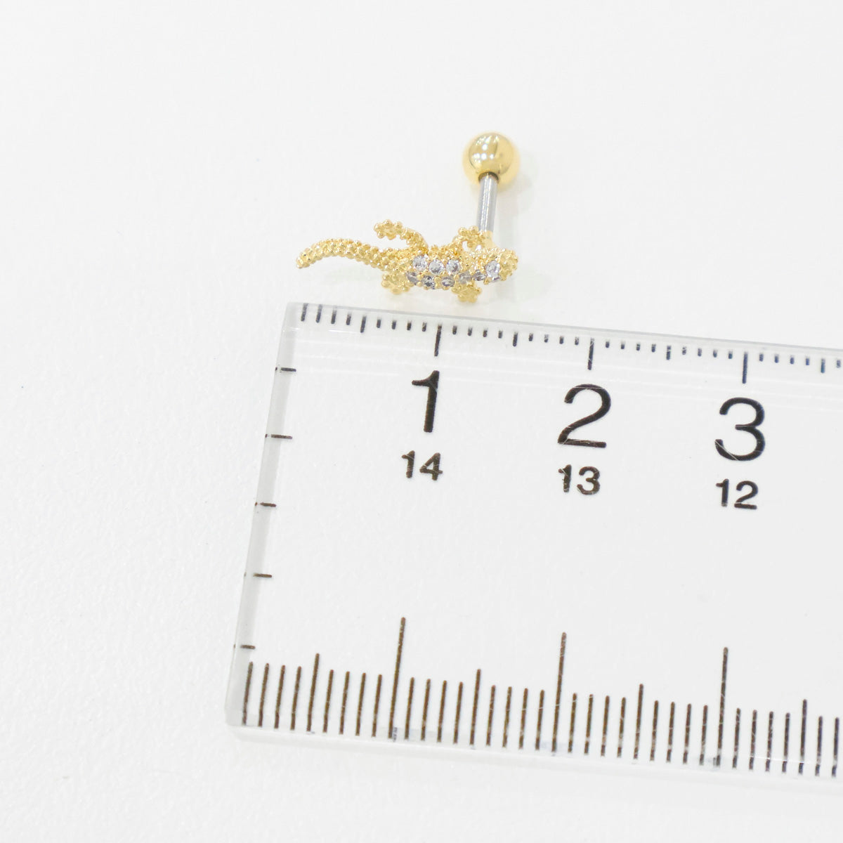 Gold earring on a ruler for size reference