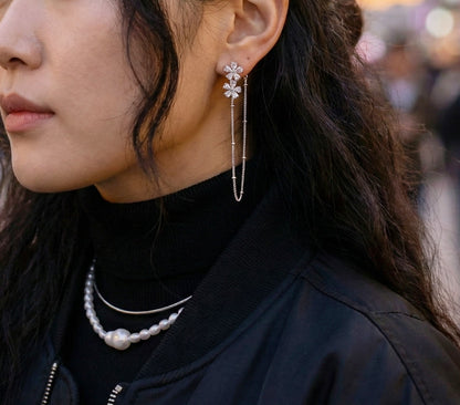 Two-Way Floral Crystal Chain Drop Earrings | Silver Post