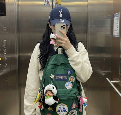 Elevator mirror selfie with panda Monchhichi keychain on decorated backpack